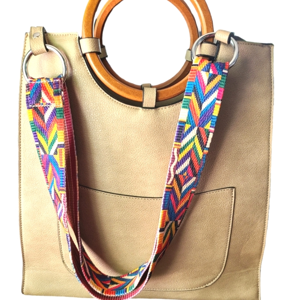 Yieta Large Tan Boho Tote Bag with Embroidered Strap